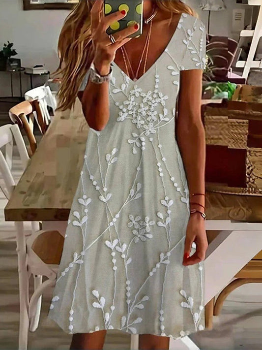 Damklänning – A-linjeformad – V-ringning – Kort ärm – Andningsbart material – Bladmönster