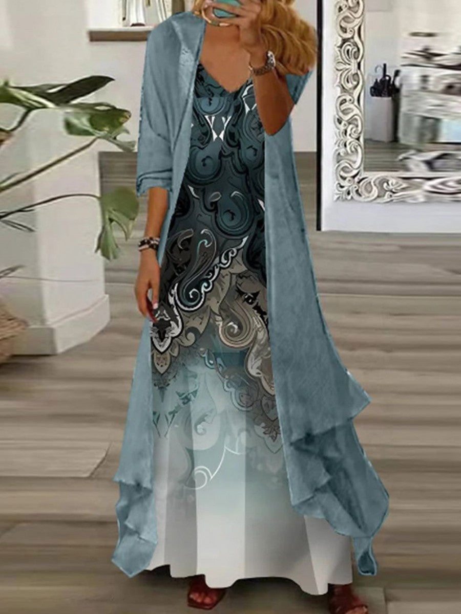 Damklänning Set – V-ringad – Relaxed Passform – Print – Lång – Lager-på-lager Look