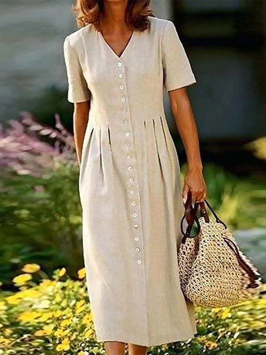 Damklänning midi – Naturmaterial – Avslappnad passform – Knappar – Kort ärm