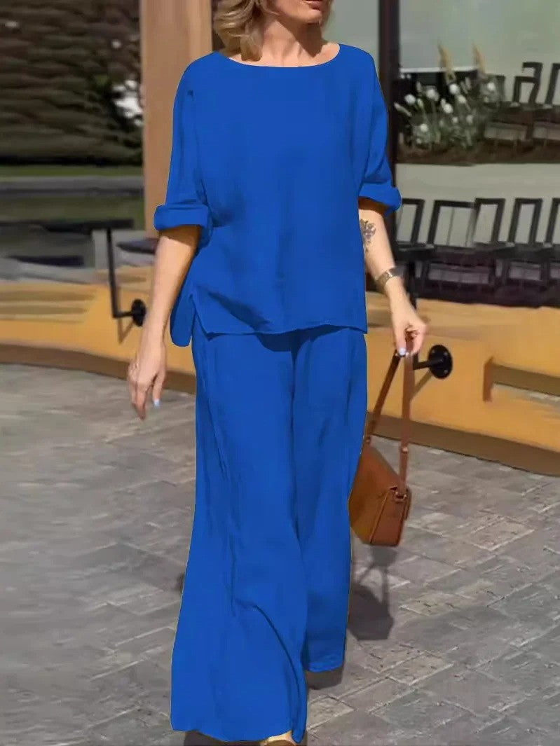 Damset – Halvlång Ärmtopp och Vida Höga Byxor – Avslappnad Passform – Andningsbart Tyg