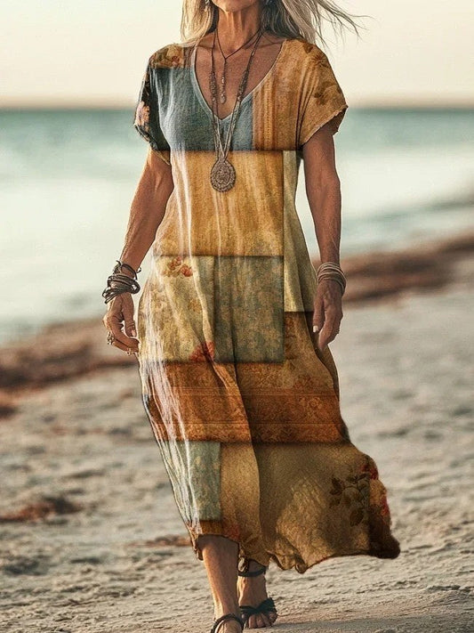 Damklänning i maxilängd – Avslappnad Passform – V-ringning – Kort Ärmlängd – Naturliga Fibrer