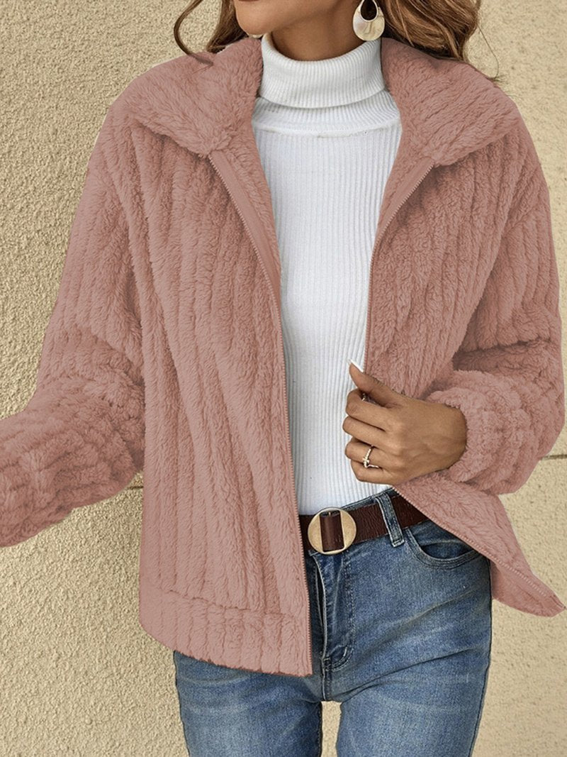 Dam Jacka – Fleece – Ribbad Textur – Avslappnad Passform – Kort Modell – Dragkedja