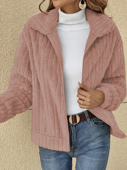 Dam Jacka – Fleece – Ribbad Textur – Avslappnad Passform – Kort Modell – Dragkedja