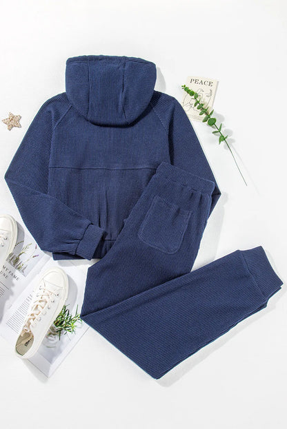 Damtracksuit - Ribbad Lounge Set - Kvartzip Tröja & Högmidjade Joggers