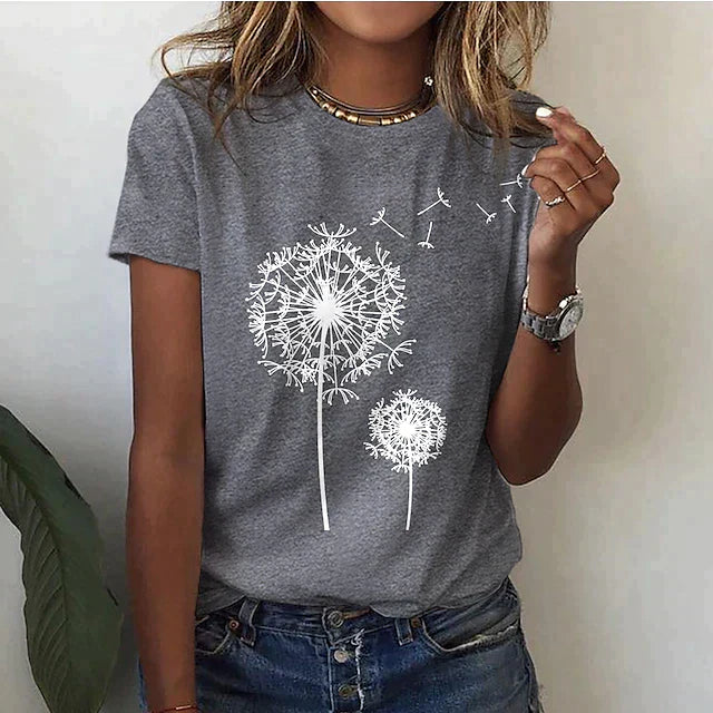 Dam T-shirt – Bomull – Avslappnad Passform – Rund Hals – Kort Ärm – Tryckt Motiv