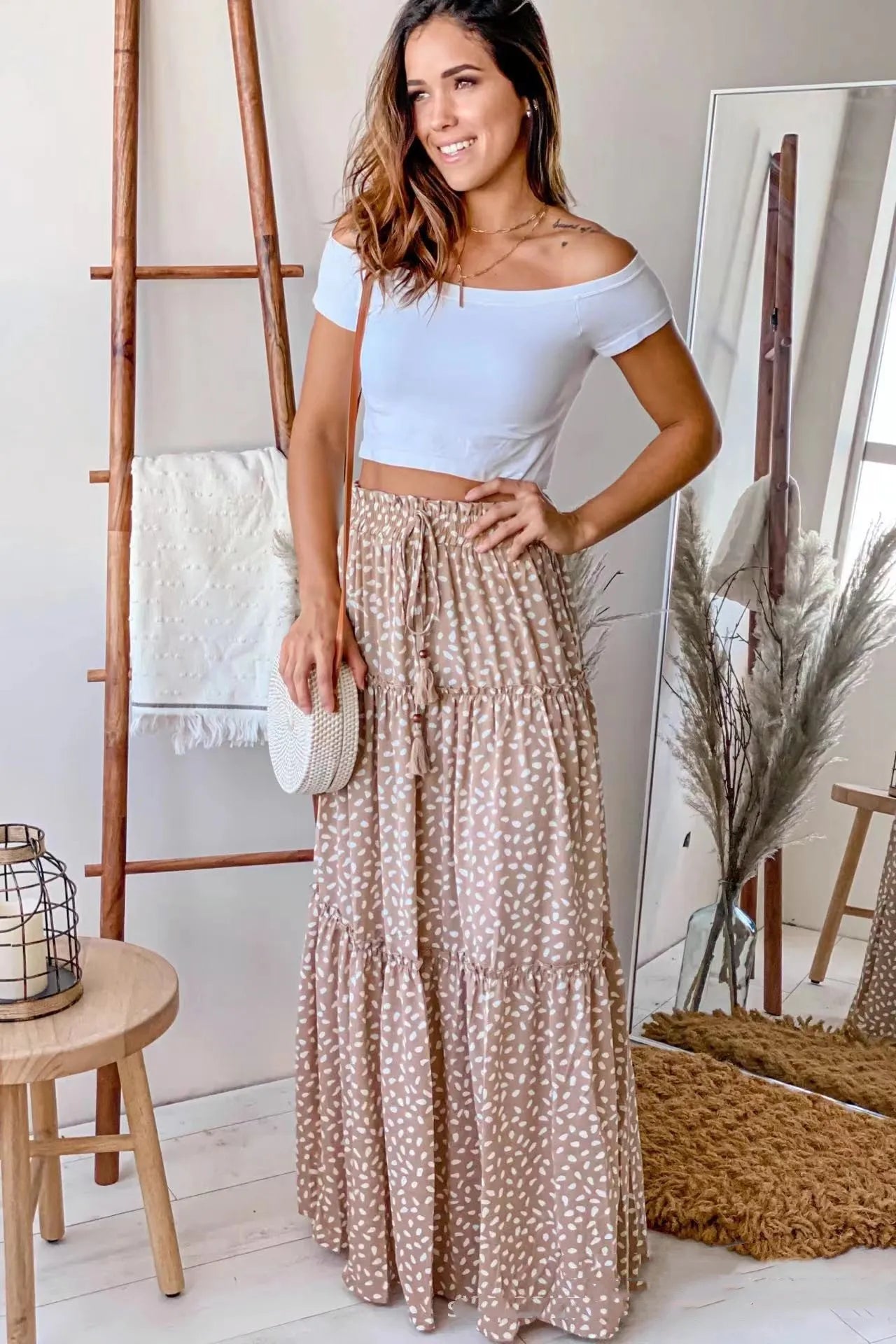 Klassisk Boho Maxikjol för Dam - Resår i midjan - Medelhög veckad design
