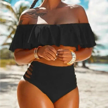 Dam Bikiniuppsättning – Off Shoulder Volangtopp – Hög Midja – Utskurna Sidor