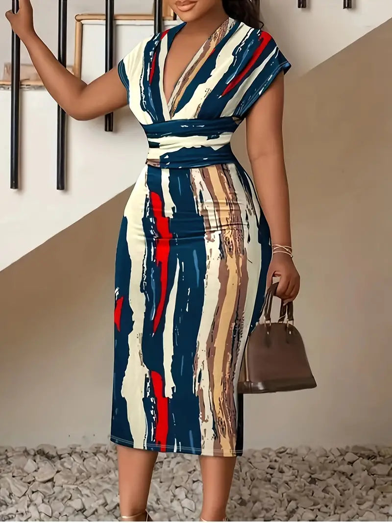 Damklänning - Figurnära Midi - V-ringning - Ärmlös Patchwork Denim Look