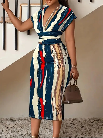 Damklänning - Figurnära Midi - V-ringning - Ärmlös Patchwork Denim Look