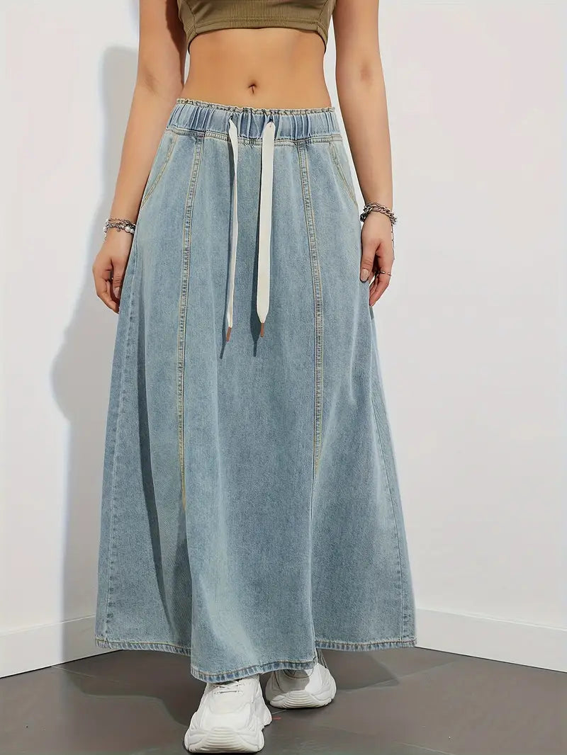 Dam Jeanskjol – Lång High Waist – Elastisk Midja med Dragsko – Casual och Bekväm