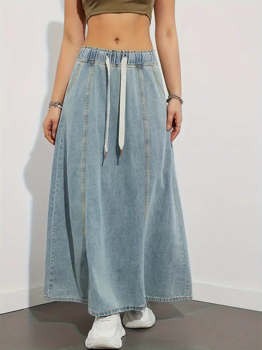 Dam Jeanskjol – Lång High Waist – Elastisk Midja med Dragsko – Casual och Bekväm