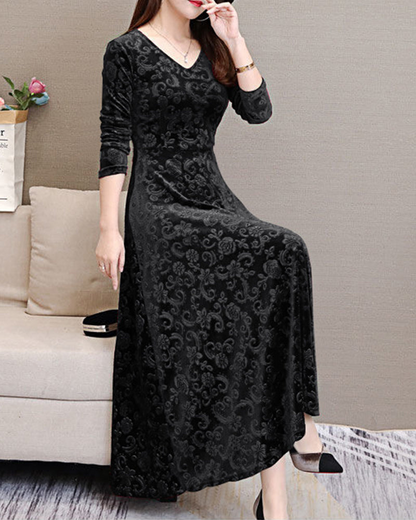 Damklänning - A-linje Silhuett - V-ringning - Trekvartsärmar - Sammet med Blommönster