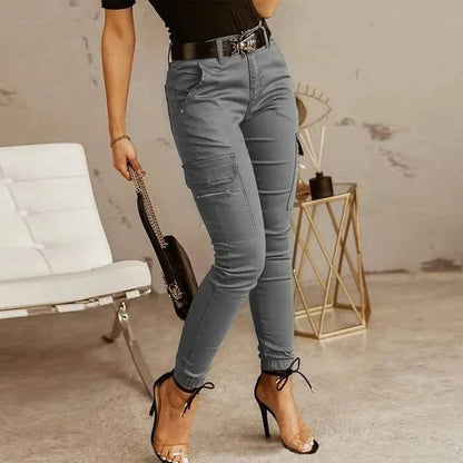 Dam Cargo Byxor - Slim Fit - Hög Midja - Bälte med Dekorativt Spänne - Taperat Ben