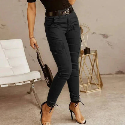 Dam Cargo Byxor - Slim Fit - Hög Midja - Bälte med Dekorativt Spänne - Taperat Ben