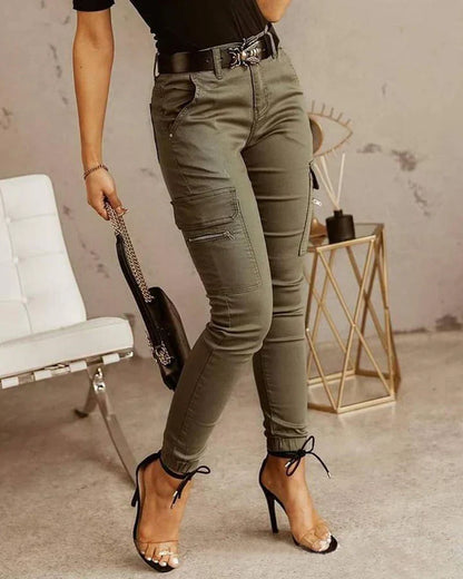Dam Cargo Byxor - Slim Fit - Hög Midja - Bälte med Dekorativt Spänne - Taperat Ben