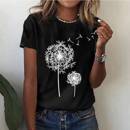 Dam T-shirt – Bomull – Avslappnad Passform – Rund Hals – Kort Ärm – Tryckt Motiv