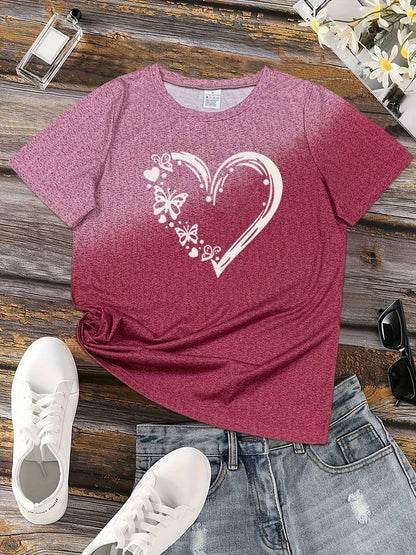 Dam T-shirt - Rundhals - Kortärmad - Fjäril & Hjärtmotiv - Bekväm Vardagströja