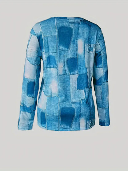 Dam Blus - Patchwork Denim - Hellång Ärm - Trendig med Dragkedja