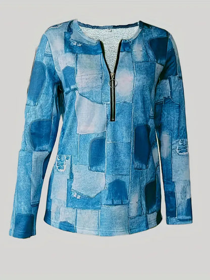 Dam Blus - Patchwork Denim - Hellång Ärm - Trendig med Dragkedja