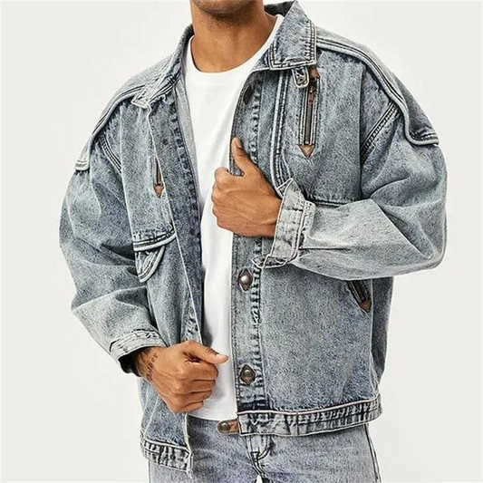Herrjacka i Denim – Avslappnad Passform – Knäppning – Axelblixtlås – Bröstfickor