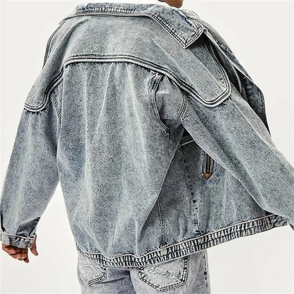 Herrjacka i Denim – Avslappnad Passform – Knäppning – Axelblixtlås – Bröstfickor