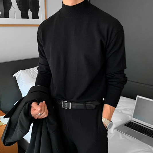 Herrtröja – Smal Passform – Stickad – Mock Neck – Mjuk Bomull – Lång Ärmlängd