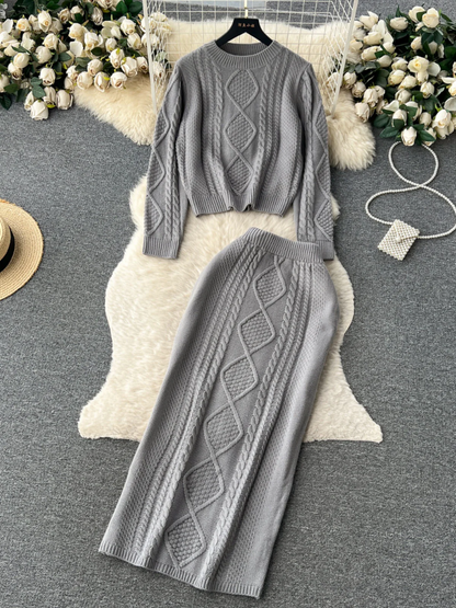 DamSet med Stickad Kjol – Ullkänsla – Kabelstickat – Slim Fit MidiKjol – Avslappnad Topp