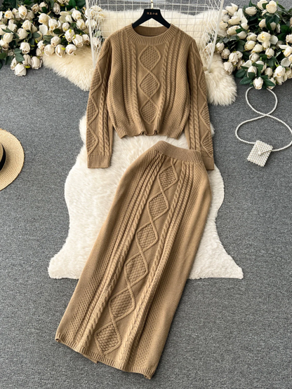 DamSet med Stickad Kjol – Ullkänsla – Kabelstickat – Slim Fit MidiKjol – Avslappnad Topp