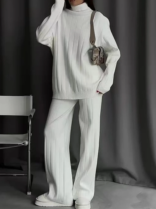 Damset med byxa – Ribbstickad – Avslappnad passform – Hög hals – Hellång byxa