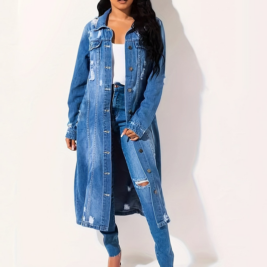 Dam Jeansjacka – Oversize Passform – Lång Modell – Slitna Detaljer – Knäppning