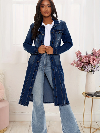 Dam Jeansjacka – Oversize Passform – Lång Modell – Slitna Detaljer – Knäppning