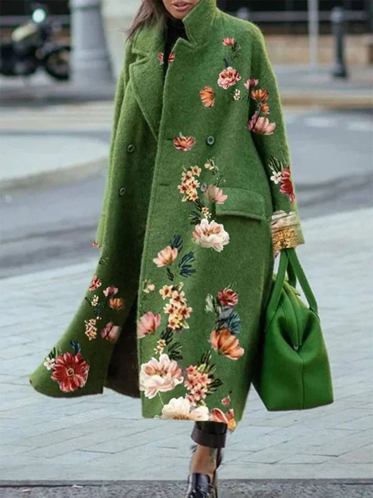 Dam lång kappa – Oversize passform – Dubbelknäppt – Broderad med blommor