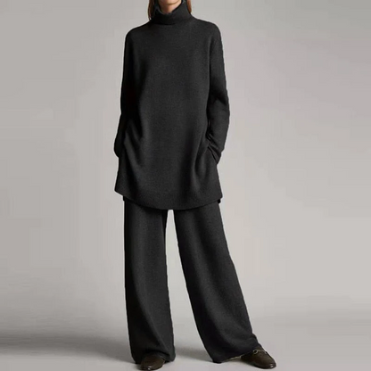 Dam Loungewear Set – Stickad Textur – Oversize Topp – Vida Byxor – Polokrage