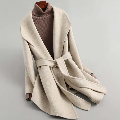 Damjacka – Skräddarsydd Passform – Ullkänsla – Bälte – Dubbelknäppning – Mellanlång