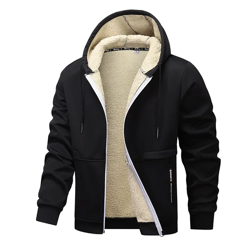 Herrjacka – Fleece med Sherpafoder – Normal Passform – Huva – Hel Dragkedja – Ribbad Kant