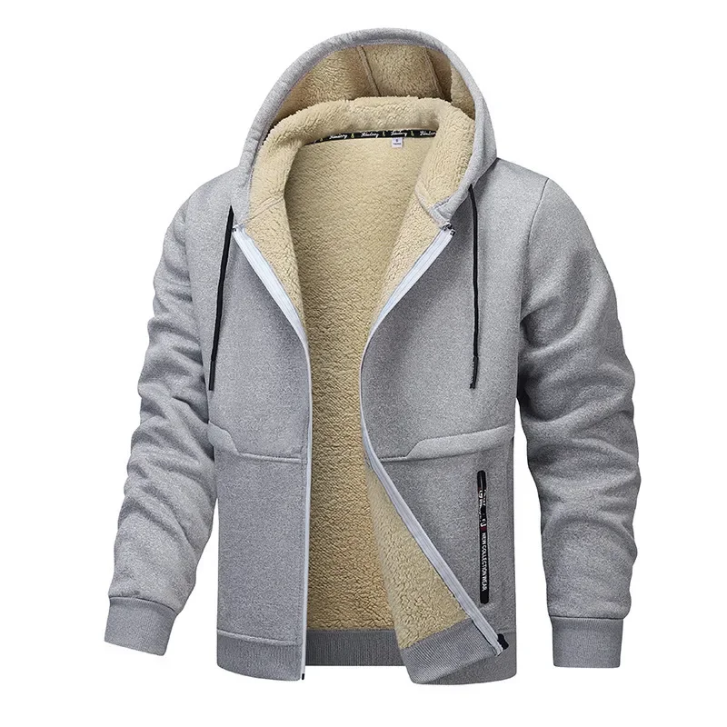 Herrjacka – Fleece med Sherpafoder – Normal Passform – Huva – Hel Dragkedja – Ribbad Kant