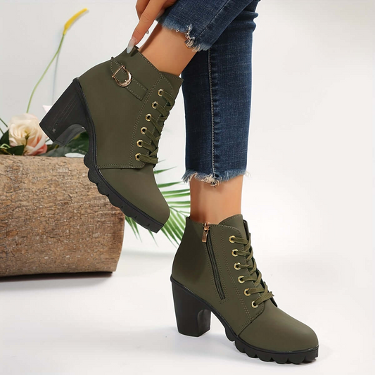 Dam Ankelboots – Blockklack – Snörning – Spänndetalj – Räfflad Sula – Dragkedja