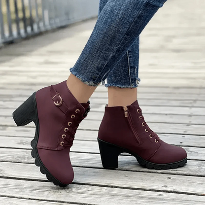 Dam Ankelboots – Blockklack – Snörning – Spänndetalj – Räfflad Sula – Dragkedja