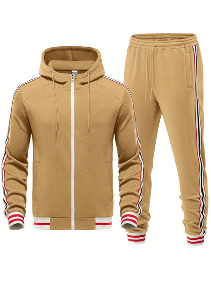 Herr Träningsset – Slim Fit – Huva med Dragkedja – Taperade Byxor – Randig Kant