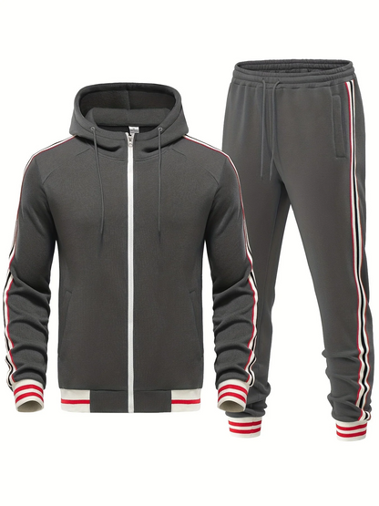 Herr Träningsset – Slim Fit – Huva med Dragkedja – Taperade Byxor – Randig Kant