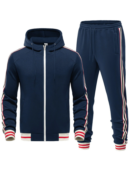 Herr Träningsset – Slim Fit – Huva med Dragkedja – Taperade Byxor – Randig Kant