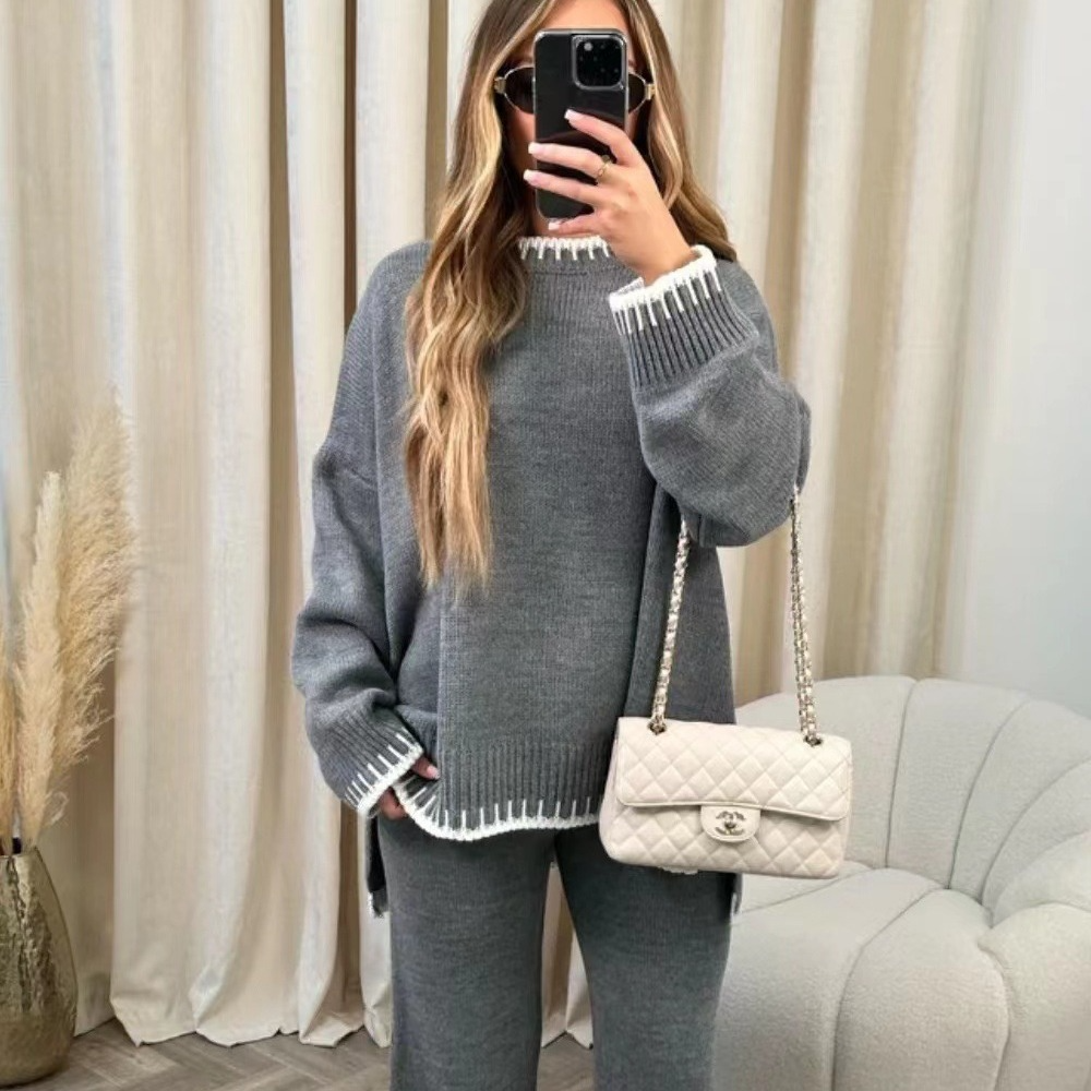 Dam Lounge Set – Stickad – Lös Passform – Långärmad Topp – Vida Högmidjade Byxor