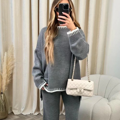 Dam Lounge Set – Stickad – Lös Passform – Långärmad Topp – Vida Högmidjade Byxor