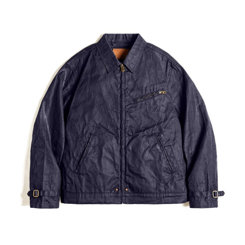 Herrjacka – Slim Fit – Vaxad Canvas – Dragkedja – Krage med Slag – Fickor med Blixtlås