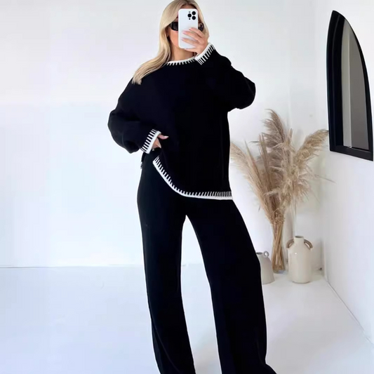Dam Lounge Set – Stickad – Lös Passform – Långärmad Topp – Vida Högmidjade Byxor
