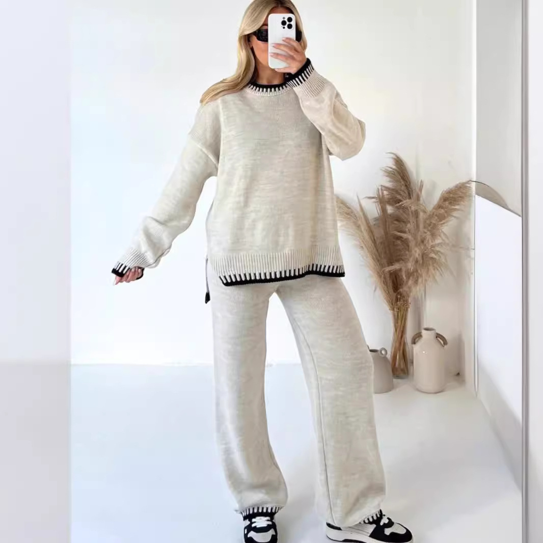 Dam Lounge Set – Stickad – Lös Passform – Långärmad Topp – Vida Högmidjade Byxor