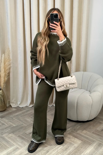 Dam Lounge Set – Stickad – Lös Passform – Långärmad Topp – Vida Högmidjade Byxor