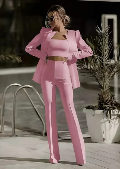 Damkostym Set – Skräddarsydd Passform – Enkelknäppt Kavaj – Vida Högmidje Byxor – Crop Top