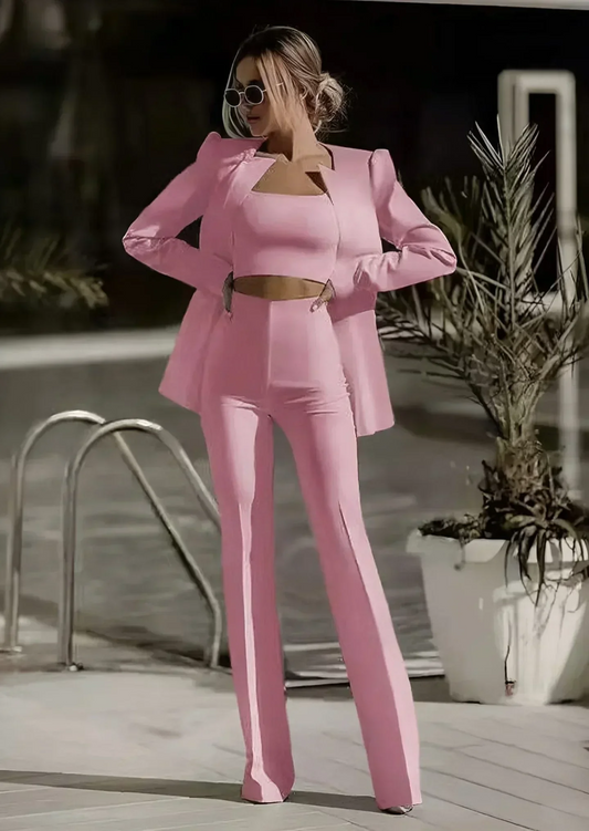 Damkostym Set – Skräddarsydd Passform – Enkelknäppt Kavaj – Vida Högmidje Byxor – Crop Top