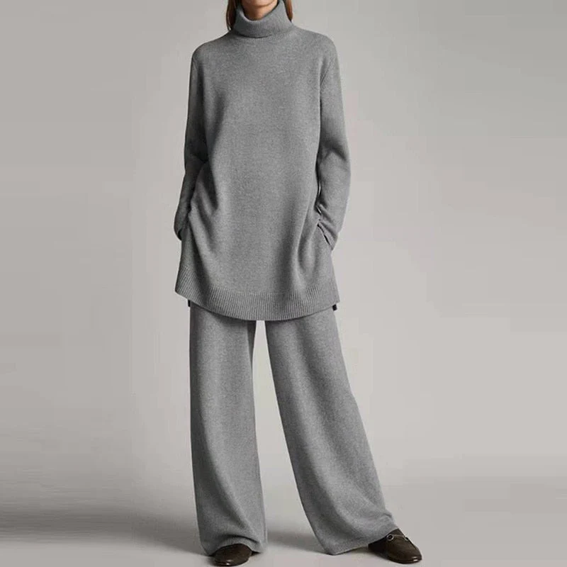 Dam Loungewear Set – Stickad Textur – Oversize Topp – Vida Byxor – Polokrage